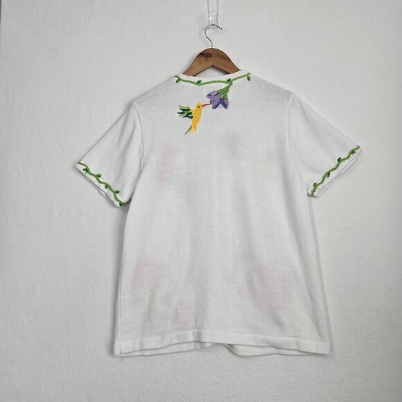 Quacker Factory Cardigan Sweater sz L White Multi Hummingbird Flowers Sequins - Picture 9 of 16